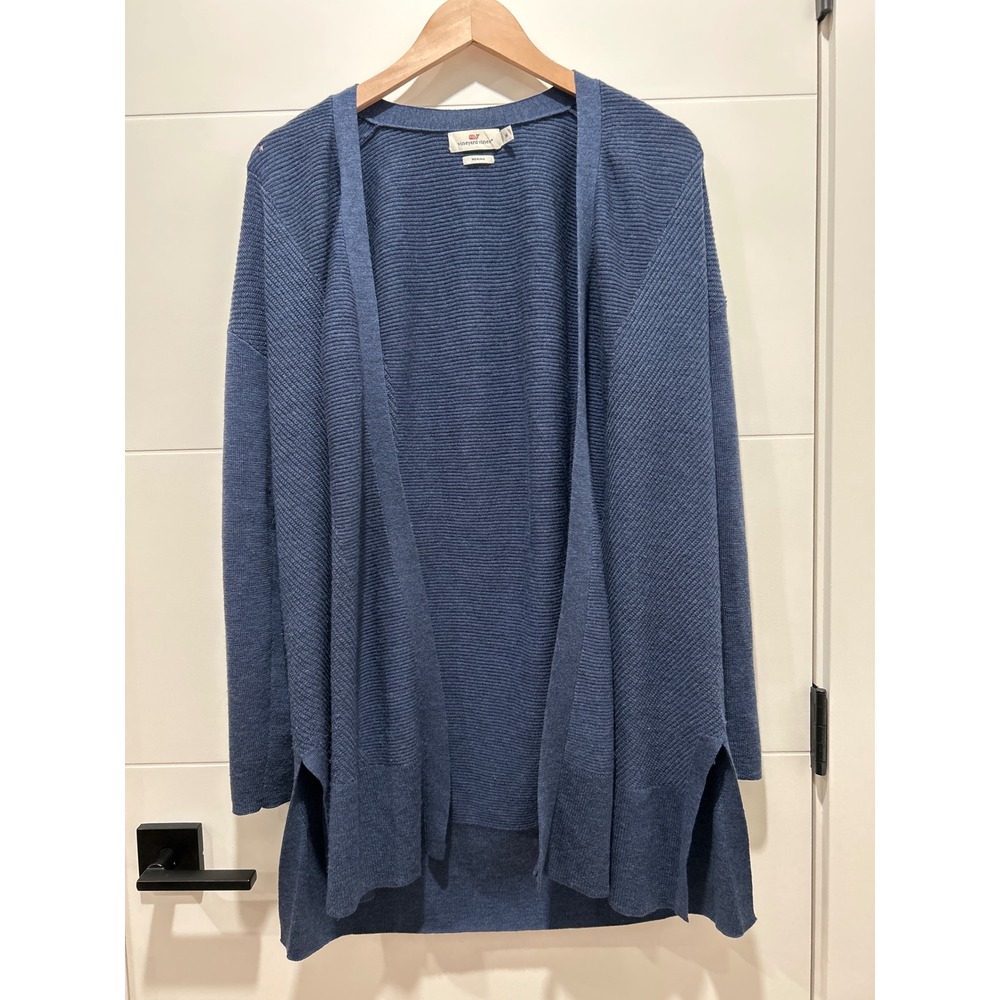 Vineyard Vines Womens Medium Blue Merino Wool Ribbed Open Front Cardigan Sweater